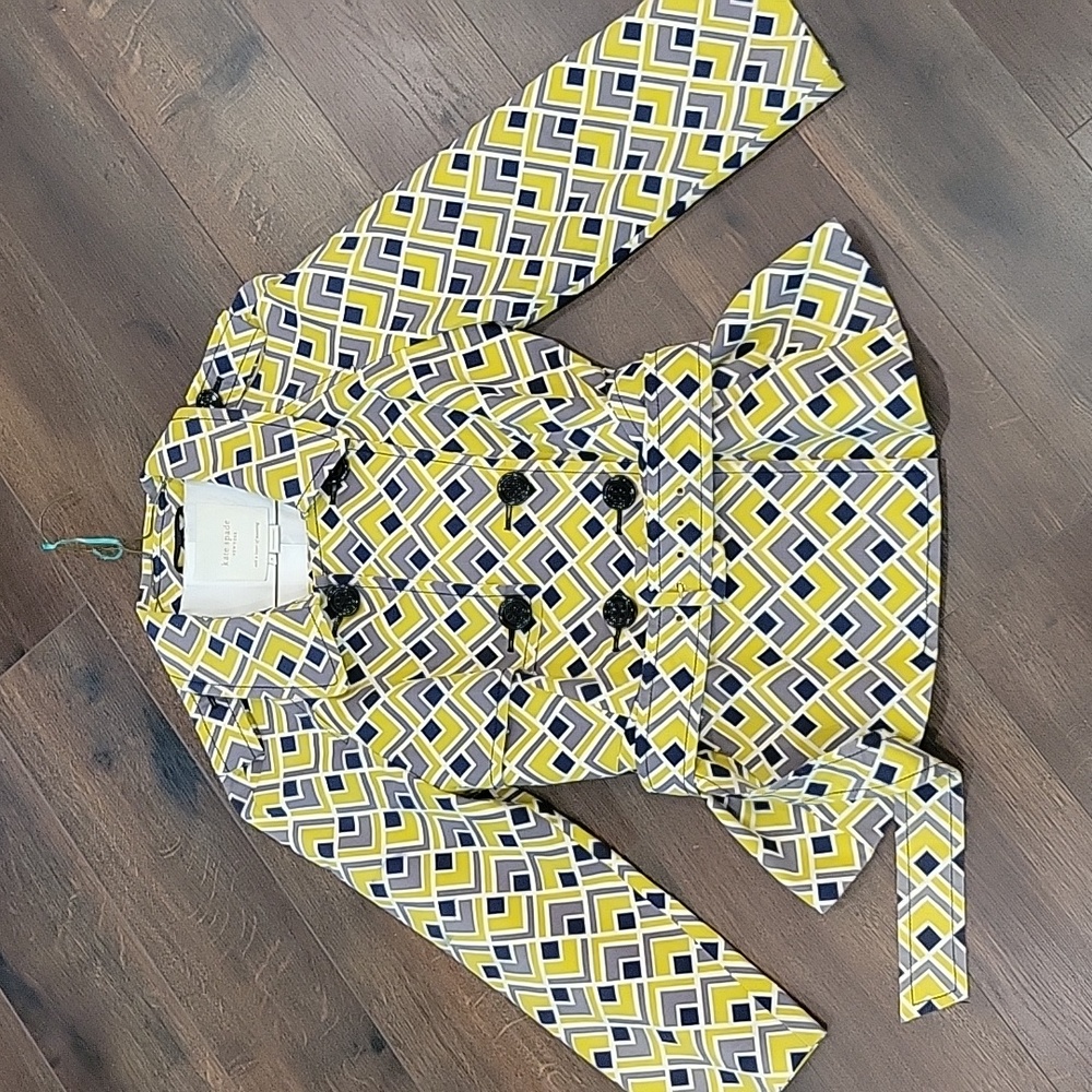 Kate Spade yellow gray geometric peplum belted rain, trench sz 4